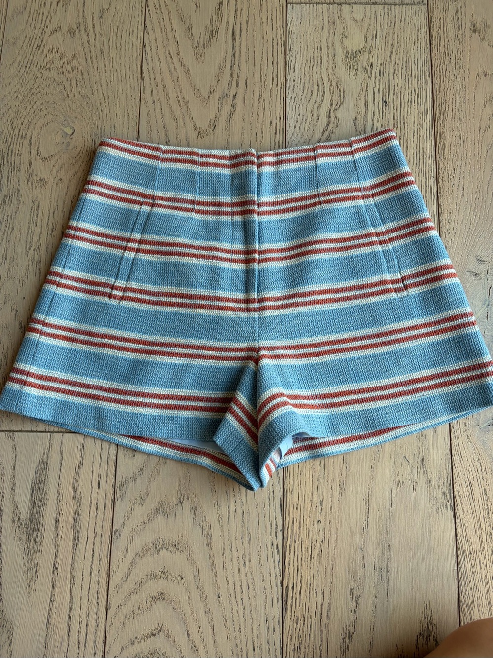Veronica Beard Blue, Rust and White Striped High-Waist Shorts